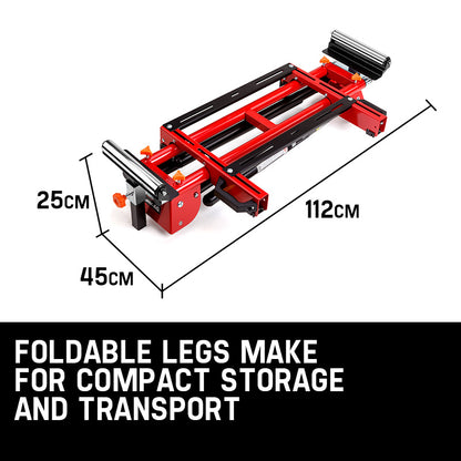 A red and black portable Baumr-AG Mitre Saw Stand Universal Adjustable Portable Drop Saw Bench Table with adjustable rollers and extendable support arms. The high quality components ensure durability, while the stable three-legged design is perfect for holding the New Baumr-AG MS170 miter saw for all your woodworking and cutting tasks.