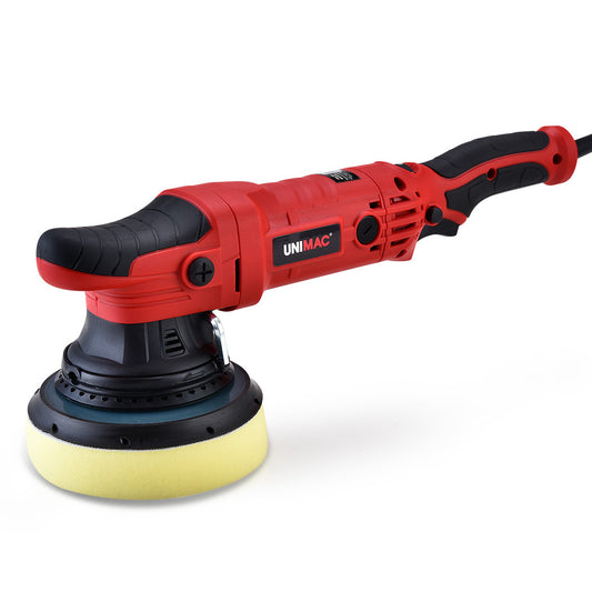 A red and black handheld UNIMAC Electric Car Polisher Buffer Dual Action Orbital Polishing Sanding Waxer Sander Machine 720W with a yellow pad, labeled "UNIMAC." This dual action polisher features a pistol grip handle and an adjustable speed dial, perfect for polishing and buffing surfaces. Equipped with a 720W soft start motor, the cord extends from the rear, indicating it's a corded model.