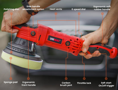 A red and black handheld UNIMAC Electric Car Polisher Buffer Dual Action Orbital Polishing Sanding Waxer Sander Machine 720W with a yellow pad, labeled "UNIMAC." This dual action polisher features a pistol grip handle and an adjustable speed dial, perfect for polishing and buffing surfaces. Equipped with a 720W soft start motor, the cord extends from the rear, indicating it's a corded model.