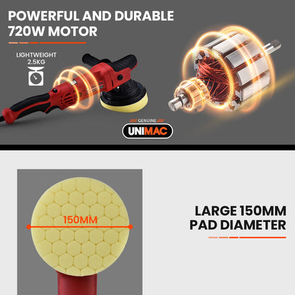 A red and black handheld UNIMAC Electric Car Polisher Buffer Dual Action Orbital Polishing Sanding Waxer Sander Machine 720W with a yellow pad, labeled "UNIMAC." This dual action polisher features a pistol grip handle and an adjustable speed dial, perfect for polishing and buffing surfaces. Equipped with a 720W soft start motor, the cord extends from the rear, indicating it's a corded model.