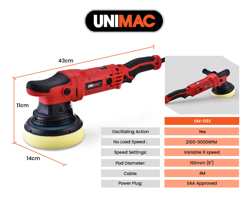 A red and black handheld UNIMAC Electric Car Polisher Buffer Dual Action Orbital Polishing Sanding Waxer Sander Machine 720W with a yellow pad, labeled "UNIMAC." This dual action polisher features a pistol grip handle and an adjustable speed dial, perfect for polishing and buffing surfaces. Equipped with a 720W soft start motor, the cord extends from the rear, indicating it's a corded model.