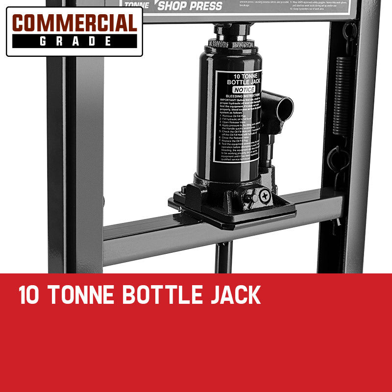 An industrial Baumr-AG 10 Tonne Hydraulic Shop Press Workshop Jack Bending Stand H-Frame made by Baumr-AG. Crafted from black steel, it features a bottle jack in the center, adjustable worktable heights, and sturdy base plates for stability—perfect for a range of mechanical pressing tasks.