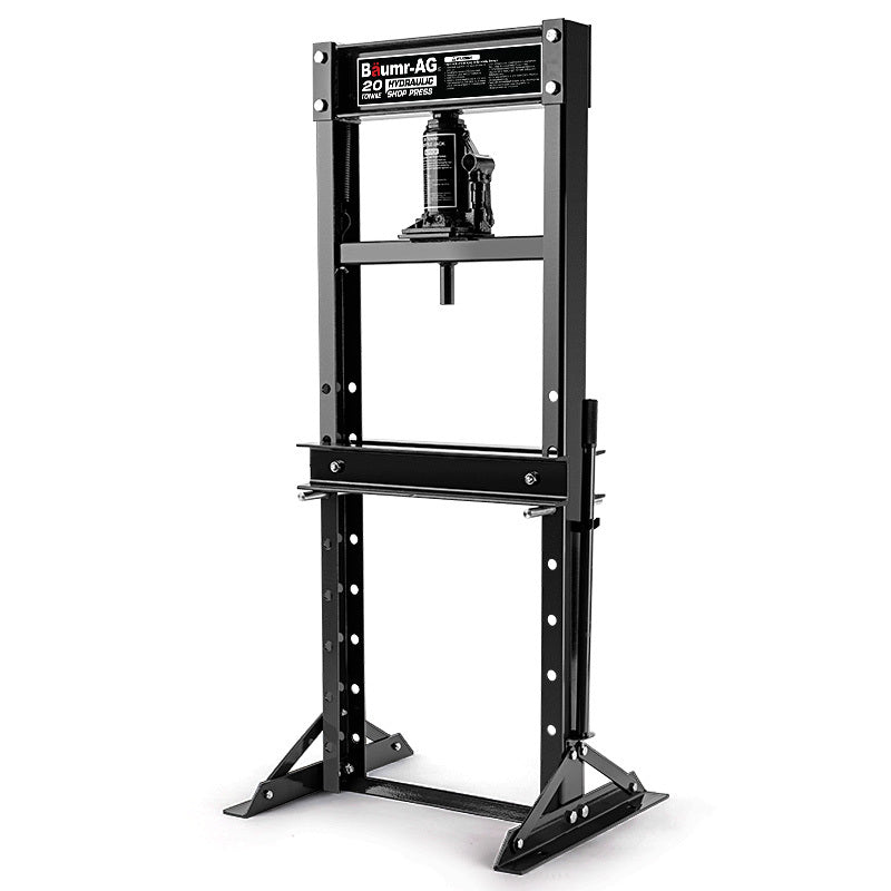 The Baumr-AG 20 Tonne Hydraulic Shop Press Workshop Jack Bending Stand H-Frame is a black hydraulic shop press with a 20-ton capacity, perfect for mechanical pressing tasks. It features a sturdy, rectangular steel frame and a central hydraulic bottle jack. The base is reinforced with angled supports, ensuring stability in any professional setting.