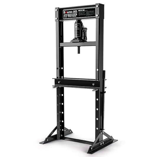 The Baumr-AG 20 Tonne Hydraulic Shop Press Workshop Jack Bending Stand H-Frame is a black hydraulic shop press with a 20-ton capacity, perfect for mechanical pressing tasks. It features a sturdy, rectangular steel frame and a central hydraulic bottle jack. The base is reinforced with angled supports, ensuring stability in any professional setting.