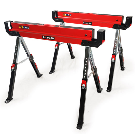 Two heavy-duty, red and black metal sawhorses stand on a white background. Made from galvanised steel, they feature adjustable heights with locking mechanisms and a BAUMR-AG 2 x Steel Saw Horse, Folding Height Adjustable Sawhorse, 1180kg Capacity, 2x4 Support Arms logo on them. These sturdy sawhorses are designed for supporting materials during construction or sawing tasks.