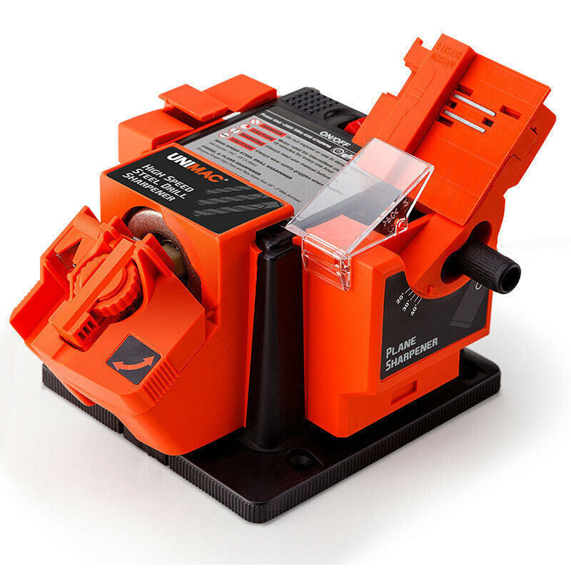 An orange and black UNIMAC Electric Multi Function Tool Sharpener Drill Bit Knife Scissors Chisel with labeled compartments for drill bits, chisels, plane blades, and even a knife & scissor sharpener. The tool features various adjustment settings, a protective cover, and a black base for stability.