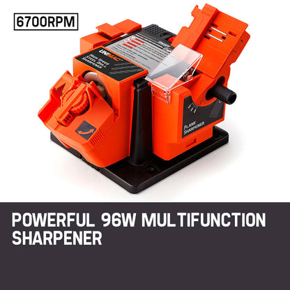 An orange and black UNIMAC Electric Multi Function Tool Sharpener Drill Bit Knife Scissors Chisel with labeled compartments for drill bits, chisels, plane blades, and even a knife & scissor sharpener. The tool features various adjustment settings, a protective cover, and a black base for stability.