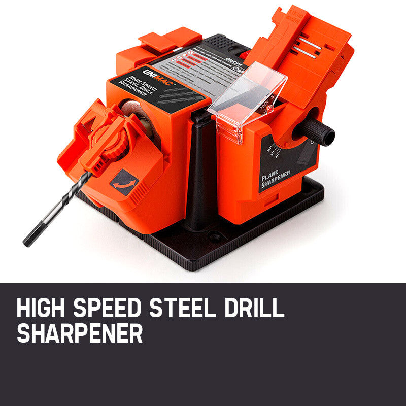 An orange and black UNIMAC Electric Multi Function Tool Sharpener Drill Bit Knife Scissors Chisel with labeled compartments for drill bits, chisels, plane blades, and even a knife & scissor sharpener. The tool features various adjustment settings, a protective cover, and a black base for stability.