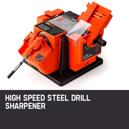 An orange and black UNIMAC Electric Multi Function Tool Sharpener Drill Bit Knife Scissors Chisel with labeled compartments for drill bits, chisels, plane blades, and even a knife & scissor sharpener. The tool features various adjustment settings, a protective cover, and a black base for stability.