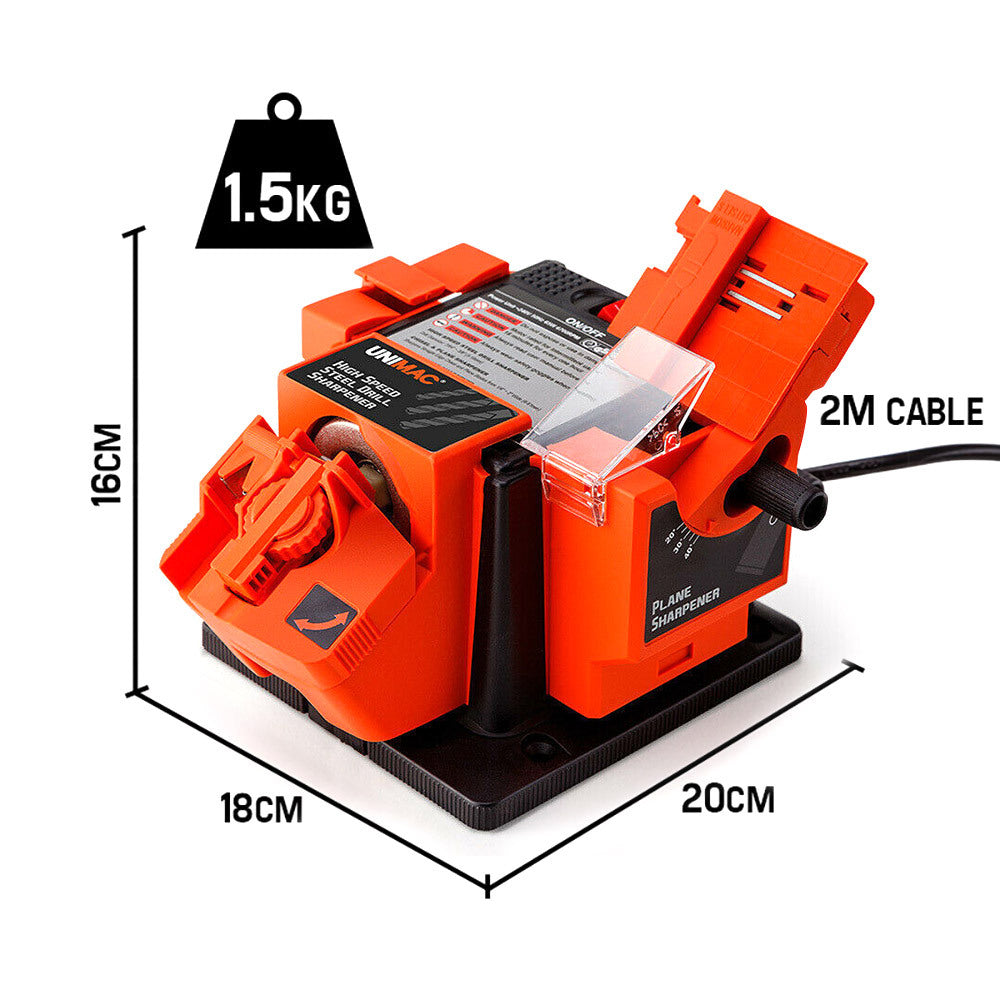 An orange and black UNIMAC Electric Multi Function Tool Sharpener Drill Bit Knife Scissors Chisel with labeled compartments for drill bits, chisels, plane blades, and even a knife & scissor sharpener. The tool features various adjustment settings, a protective cover, and a black base for stability.