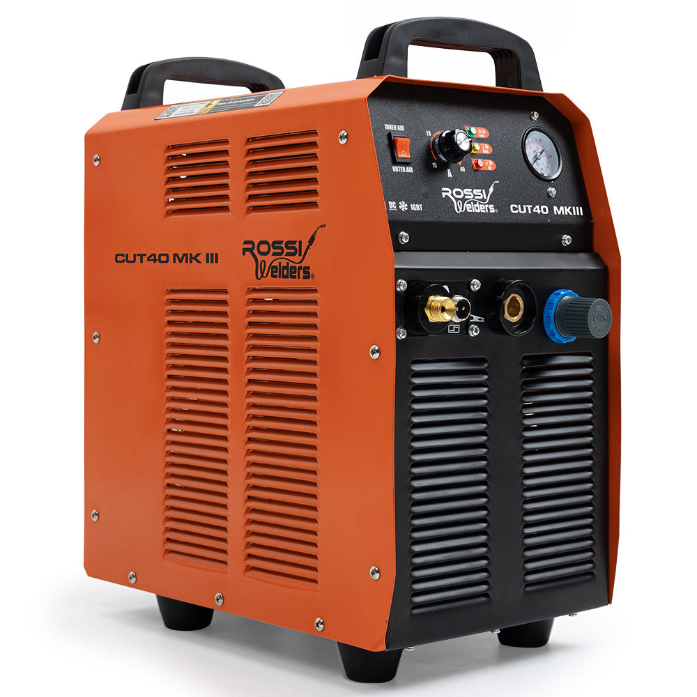 An orange and black ROSSI CUT40 Mk III Portable 40A Plasma Cutter with Built-in Air Compressor, incorporating High Frequency Inverter technology, features a front panel with various controls including switches, dials, and a pressure gauge. With a top handle for portability, this ROSSI CUT40 Mk III Portable 40A Plasma Cutter with Built-in Air Compressor is designed for precision cutting and welding tasks.