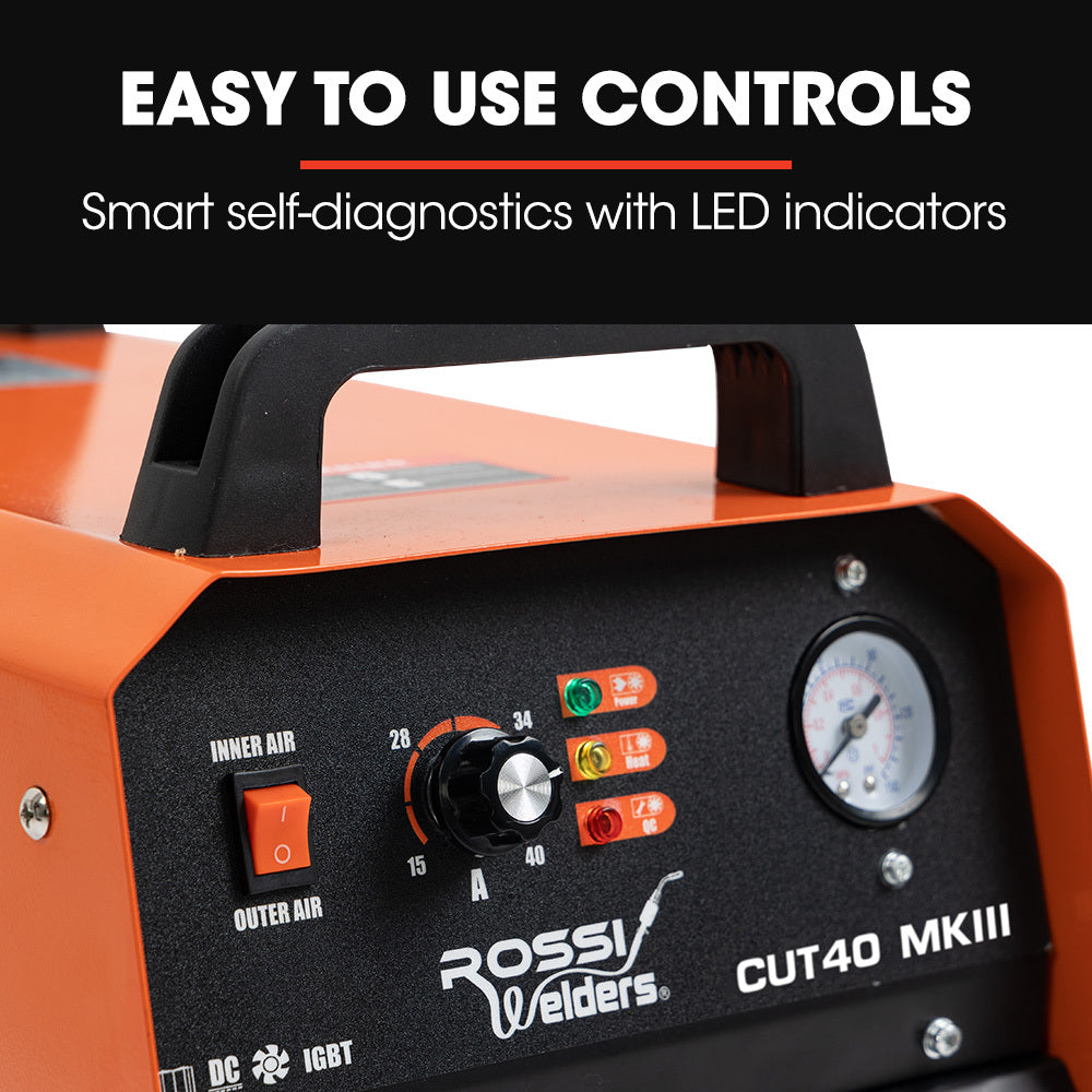 An orange and black ROSSI CUT40 Mk III Portable 40A Plasma Cutter with Built-in Air Compressor, incorporating High Frequency Inverter technology, features a front panel with various controls including switches, dials, and a pressure gauge. With a top handle for portability, this ROSSI CUT40 Mk III Portable 40A Plasma Cutter with Built-in Air Compressor is designed for precision cutting and welding tasks.