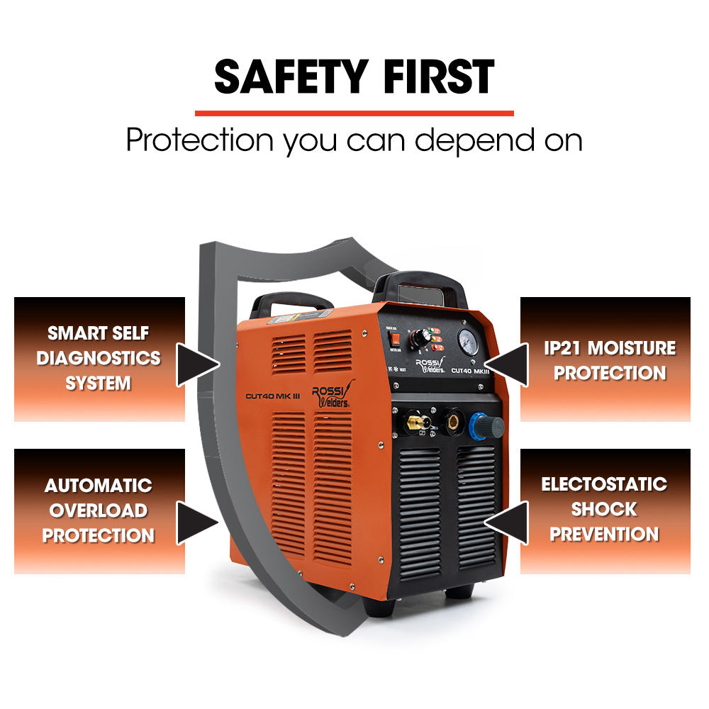 An orange and black ROSSI CUT40 Mk III Portable 40A Plasma Cutter with Built-in Air Compressor, incorporating High Frequency Inverter technology, features a front panel with various controls including switches, dials, and a pressure gauge. With a top handle for portability, this ROSSI CUT40 Mk III Portable 40A Plasma Cutter with Built-in Air Compressor is designed for precision cutting and welding tasks.