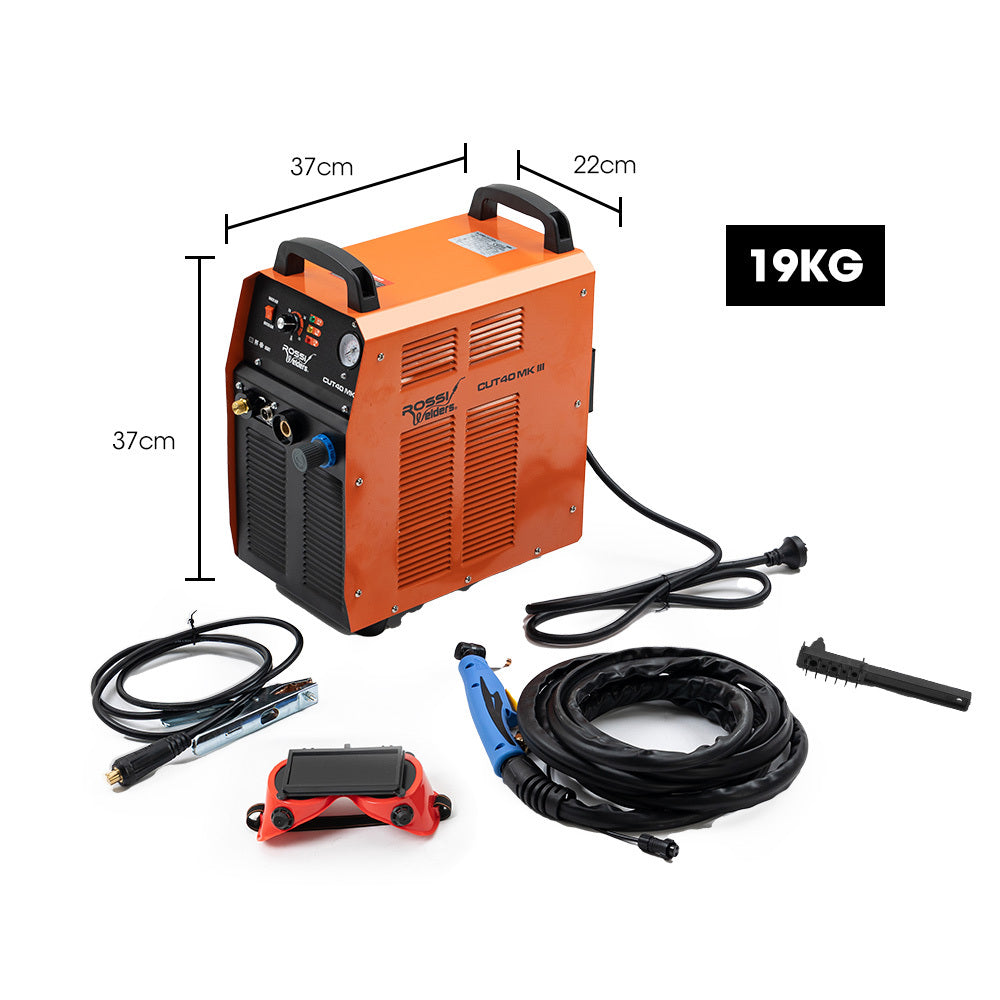 An orange and black ROSSI CUT40 Mk III Portable 40A Plasma Cutter with Built-in Air Compressor, incorporating High Frequency Inverter technology, features a front panel with various controls including switches, dials, and a pressure gauge. With a top handle for portability, this ROSSI CUT40 Mk III Portable 40A Plasma Cutter with Built-in Air Compressor is designed for precision cutting and welding tasks.