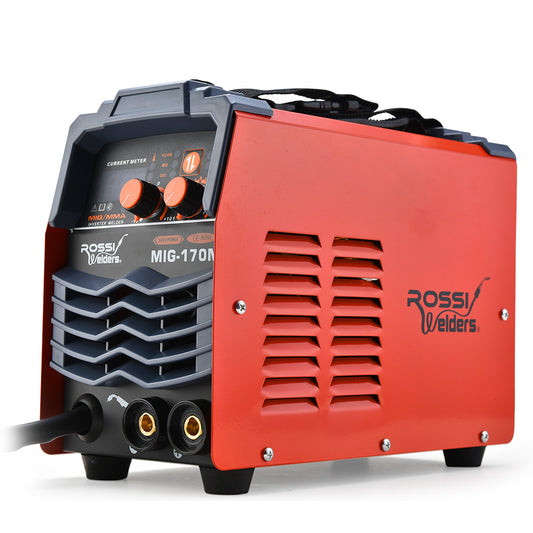 A red and gray welding machine with the brand name "Rossi Welders" printed on the front features control dials and meters for current adjustment. The product name "ROSSI 170 Amp Portable Inverter MIG Stick ARC Welder, with Carry Case & Accessories," a versatile MIG/Stick welder, is displayed on the panel. This iGBT inverter welder has a handy carrying handle on top.