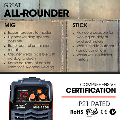 A red and gray welding machine with the brand name "Rossi Welders" printed on the front features control dials and meters for current adjustment. The product name "ROSSI 170 Amp Portable Inverter MIG Stick ARC Welder, with Carry Case & Accessories," a versatile MIG/Stick welder, is displayed on the panel. This iGBT inverter welder has a handy carrying handle on top.