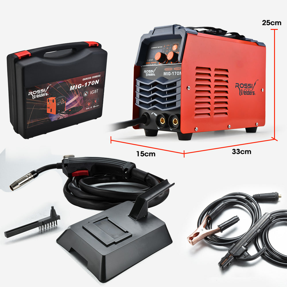 A red and gray welding machine with the brand name "Rossi Welders" printed on the front features control dials and meters for current adjustment. The product name "ROSSI 170 Amp Portable Inverter MIG Stick ARC Welder, with Carry Case & Accessories," a versatile MIG/Stick welder, is displayed on the panel. This iGBT inverter welder has a handy carrying handle on top.