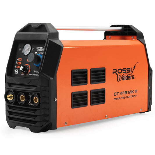 An orange and black welding machine labeled "ROSSI CT-416 Mk III TIG/MMA Plasma Cutter Portable Inverter Welder Welding" with various control knobs, gauges, and connectors on one end. Featuring a handle on top for portability and ventilation grilles on the side, this versatile 3-in-1 inverter welder effortlessly handles TIG/MMA/CUT welding tasks.