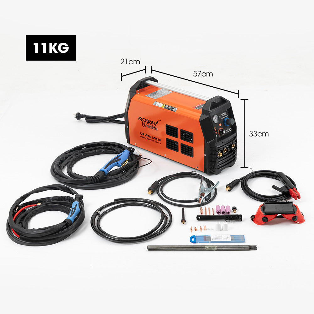 An orange and black welding machine labeled "ROSSI CT-416 Mk III TIG/MMA Plasma Cutter Portable Inverter Welder Welding" with various control knobs, gauges, and connectors on one end. Featuring a handle on top for portability and ventilation grilles on the side, this versatile 3-in-1 inverter welder effortlessly handles TIG/MMA/CUT welding tasks.