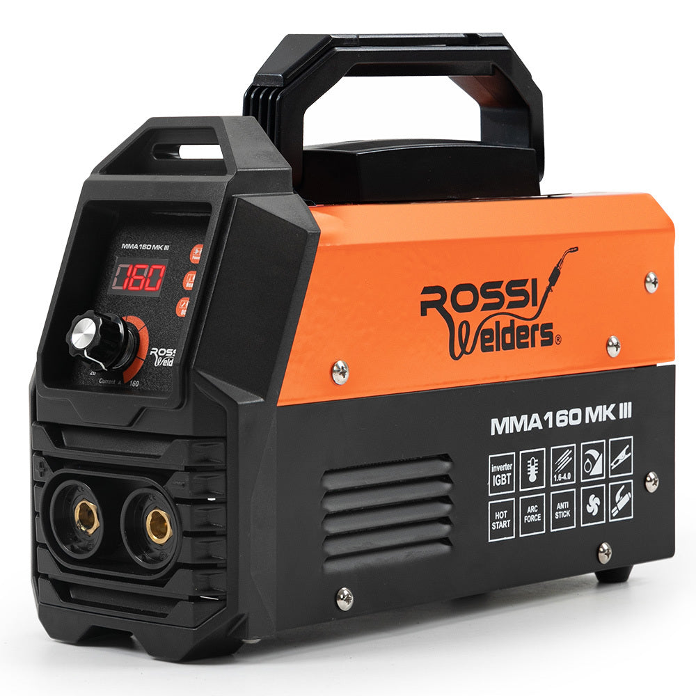 A black and orange ROSSI 160 Amp Portable Inverter Arc MMA Stick Welder by Rossi Welders. The 160 Amp MMA/Arc welder features digital controls, a display screen, and multiple connectors at the front. Its compact design includes a handle on top for portability and various status indicators on the front panel.