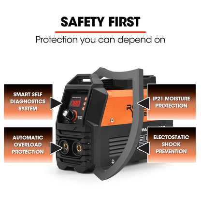 A black and orange ROSSI 160 Amp Portable Inverter Arc MMA Stick Welder by Rossi Welders. The 160 Amp MMA/Arc welder features digital controls, a display screen, and multiple connectors at the front. Its compact design includes a handle on top for portability and various status indicators on the front panel.