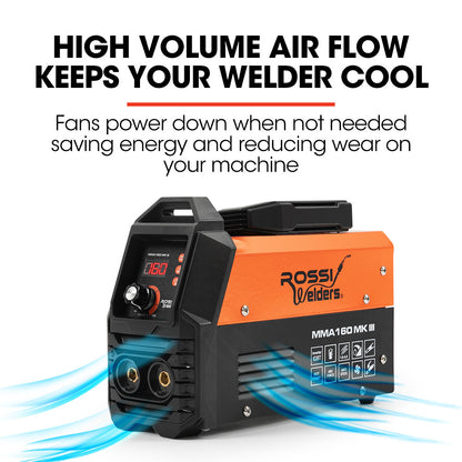 A black and orange ROSSI 160 Amp Portable Inverter Arc MMA Stick Welder by Rossi Welders. The 160 Amp MMA/Arc welder features digital controls, a display screen, and multiple connectors at the front. Its compact design includes a handle on top for portability and various status indicators on the front panel.