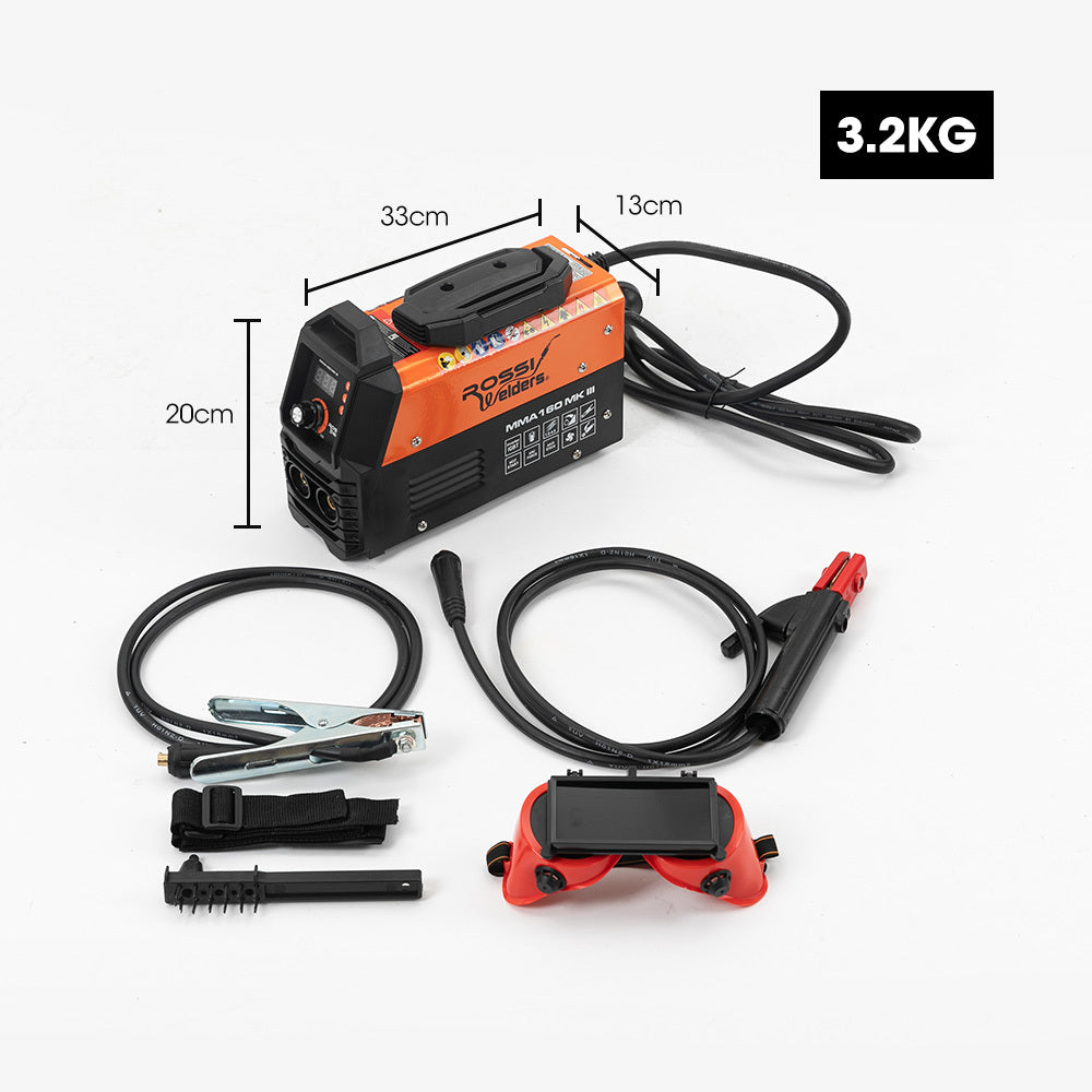 A black and orange ROSSI 160 Amp Portable Inverter Arc MMA Stick Welder by Rossi Welders. The 160 Amp MMA/Arc welder features digital controls, a display screen, and multiple connectors at the front. Its compact design includes a handle on top for portability and various status indicators on the front panel.