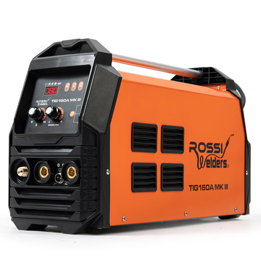 A portable TIG welder in a rugged orange and black casing, featuring a digital display and control knobs on the front panel. Integrated with iGBT inverter technology, the ROSSI 160 Amp Inverter Welder TIG Arc Stick, AC/DC, with Accessories (15A Plug) offers various input/output ports for welding equipment.