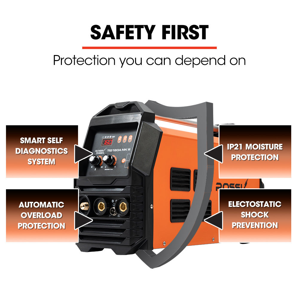 A portable TIG welder in a rugged orange and black casing, featuring a digital display and control knobs on the front panel. Integrated with iGBT inverter technology, the ROSSI 160 Amp Inverter Welder TIG Arc Stick, AC/DC, with Accessories (15A Plug) offers various input/output ports for welding equipment.