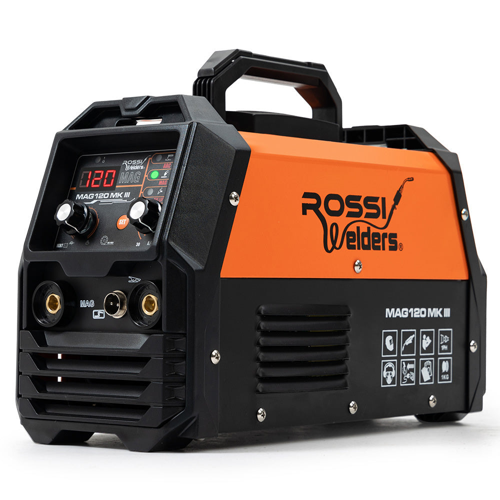 A compact gasless welder with an orange and black design, the ROSSI 120 Amp Portable Inverter MMA MAG Gasless Lift-Arc Welder features a front panel displaying "Rossi Welders" along with various control knobs, digital readouts, and connection points. The top sports a sturdy handle for easy portability and superior welding results.