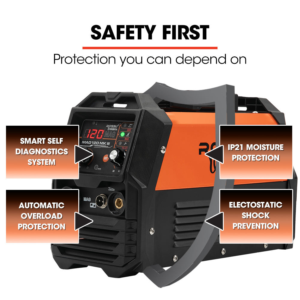 A compact gasless welder with an orange and black design, the ROSSI 120 Amp Portable Inverter MMA MAG Gasless Lift-Arc Welder features a front panel displaying "Rossi Welders" along with various control knobs, digital readouts, and connection points. The top sports a sturdy handle for easy portability and superior welding results.