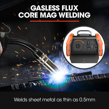 A compact gasless welder with an orange and black design, the ROSSI 120 Amp Portable Inverter MMA MAG Gasless Lift-Arc Welder features a front panel displaying "Rossi Welders" along with various control knobs, digital readouts, and connection points. The top sports a sturdy handle for easy portability and superior welding results.