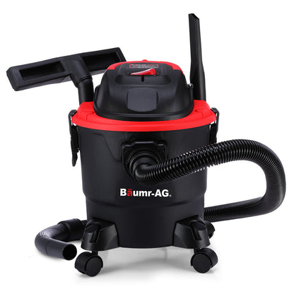 A black and red vacuum cleaner with the brand name "Baumr-AG 15L 1200W Wet and Dry Vacuum Cleaner, with Blower, for Car, Workshop, Carpet" written on the front. This powerful cleaning solution features a detachable hose, wheels for easy maneuvering, and additional attachments mounted on top for various cleaning purposes.