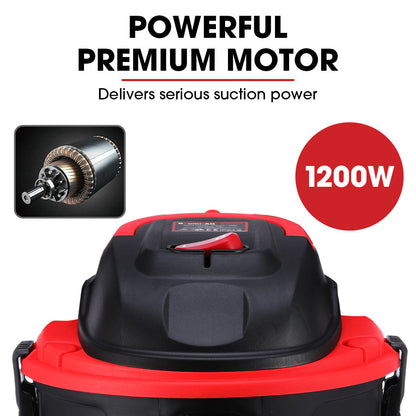 A black and red vacuum cleaner with the brand name "Baumr-AG 15L 1200W Wet and Dry Vacuum Cleaner, with Blower, for Car, Workshop, Carpet" written on the front. This powerful cleaning solution features a detachable hose, wheels for easy maneuvering, and additional attachments mounted on top for various cleaning purposes.