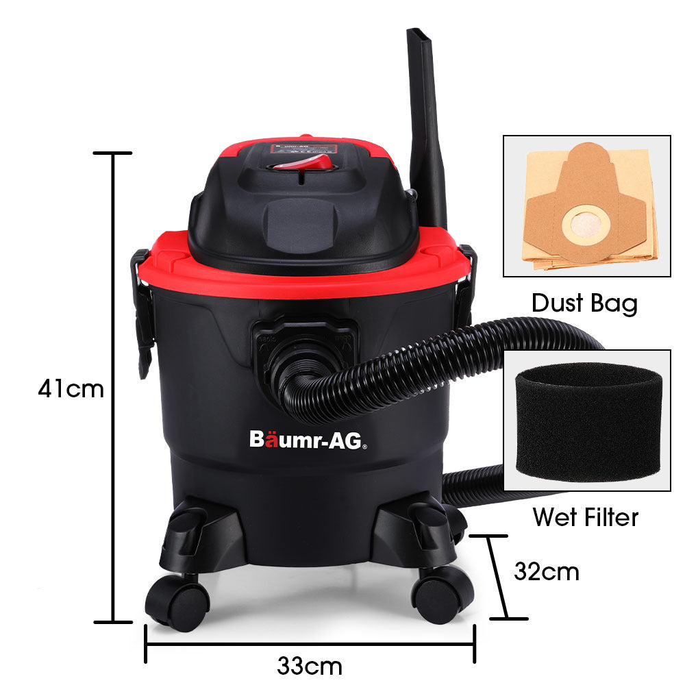 A black and red vacuum cleaner with the brand name "Baumr-AG 15L 1200W Wet and Dry Vacuum Cleaner, with Blower, for Car, Workshop, Carpet" written on the front. This powerful cleaning solution features a detachable hose, wheels for easy maneuvering, and additional attachments mounted on top for various cleaning purposes.