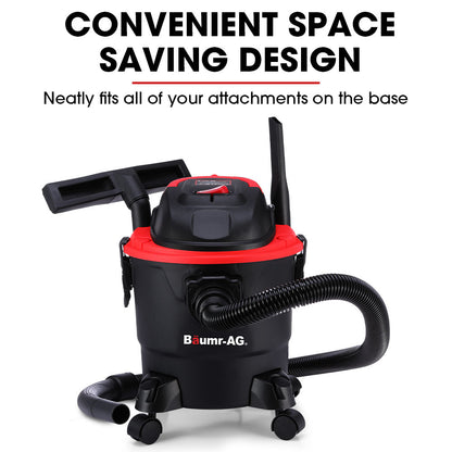 A black and red vacuum cleaner with the brand name "Baumr-AG 15L 1200W Wet and Dry Vacuum Cleaner, with Blower, for Car, Workshop, Carpet" written on the front. This powerful cleaning solution features a detachable hose, wheels for easy maneuvering, and additional attachments mounted on top for various cleaning purposes.