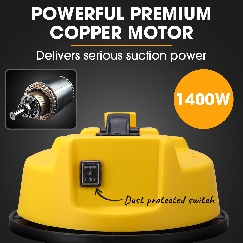 A metal-bodied Unimac 20L 1400W Wet and Dry Vacuum Cleaner, with Blower, for Car, Workshop, Carpet with a bright yellow top and black hose. Powered by a 1400W copper motor, it features HEPA filtration for superior cleaning. The vacuum has wheels for easy mobility and is equipped with a black floor cleaning nozzle. The brand name "UNIMAC" is visible on the front.