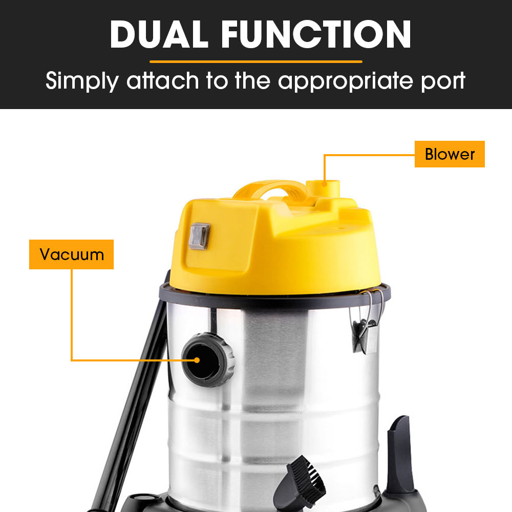 A metal-bodied Unimac 20L 1400W Wet and Dry Vacuum Cleaner, with Blower, for Car, Workshop, Carpet with a bright yellow top and black hose. Powered by a 1400W copper motor, it features HEPA filtration for superior cleaning. The vacuum has wheels for easy mobility and is equipped with a black floor cleaning nozzle. The brand name "UNIMAC" is visible on the front.