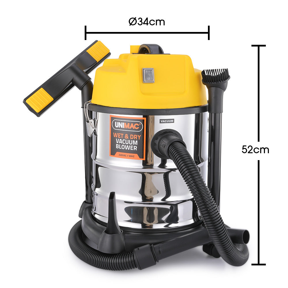 A metal-bodied Unimac 20L 1400W Wet and Dry Vacuum Cleaner, with Blower, for Car, Workshop, Carpet with a bright yellow top and black hose. Powered by a 1400W copper motor, it features HEPA filtration for superior cleaning. The vacuum has wheels for easy mobility and is equipped with a black floor cleaning nozzle. The brand name "UNIMAC" is visible on the front.