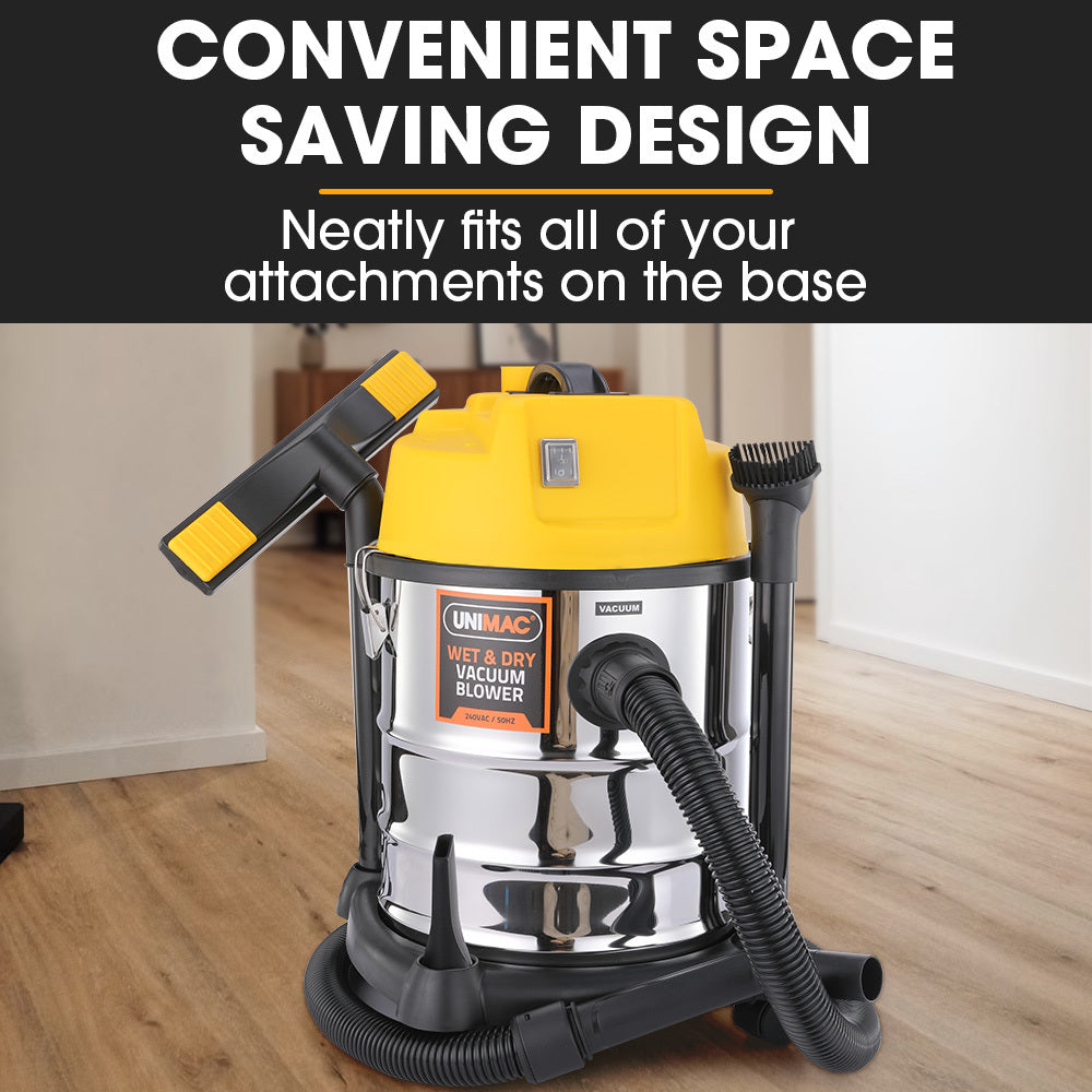 A metal-bodied Unimac 20L 1400W Wet and Dry Vacuum Cleaner, with Blower, for Car, Workshop, Carpet with a bright yellow top and black hose. Powered by a 1400W copper motor, it features HEPA filtration for superior cleaning. The vacuum has wheels for easy mobility and is equipped with a black floor cleaning nozzle. The brand name "UNIMAC" is visible on the front.