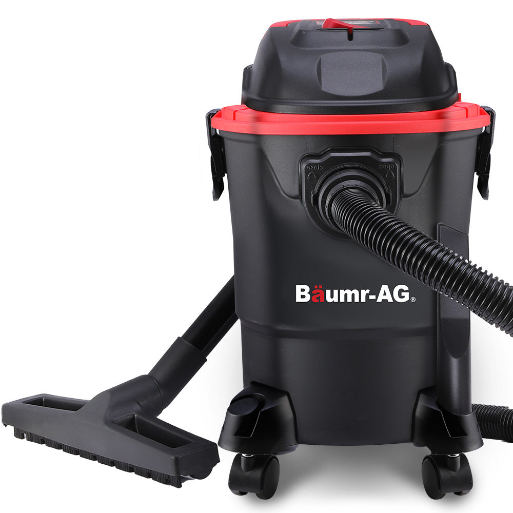 A black and red Baumr-AG 20L 1200W Wet and Dry Vacuum Cleaner, with Blower, for Car, Workshop, Carpet. It features a flexible hose with a wide suction attachment, wheels for easy mobility, and a cylindrical shape with a handle on top. This dual functionality vacuum is perfect for versatile cleaning tasks.