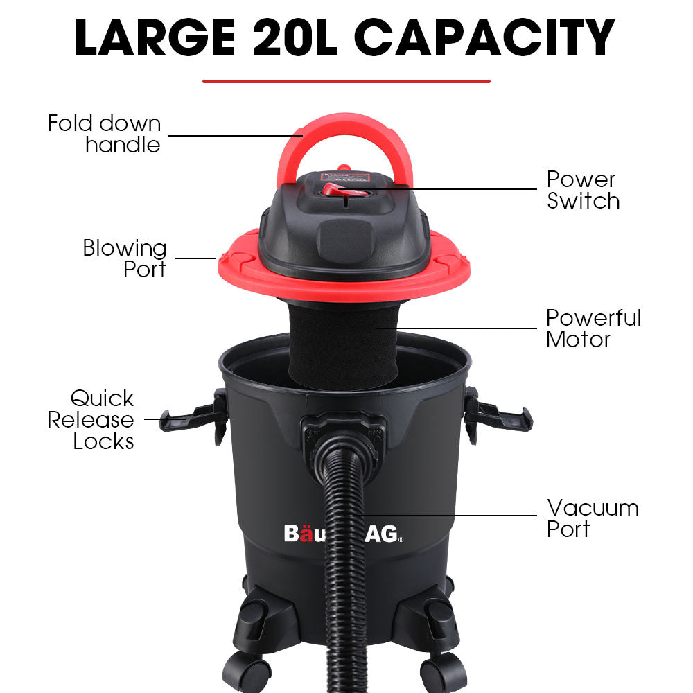 A black and red Baumr-AG 20L 1200W Wet and Dry Vacuum Cleaner, with Blower, for Car, Workshop, Carpet. It features a flexible hose with a wide suction attachment, wheels for easy mobility, and a cylindrical shape with a handle on top. This dual functionality vacuum is perfect for versatile cleaning tasks.