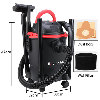 A black and red Baumr-AG 20L 1200W Wet and Dry Vacuum Cleaner, with Blower, for Car, Workshop, Carpet. It features a flexible hose with a wide suction attachment, wheels for easy mobility, and a cylindrical shape with a handle on top. This dual functionality vacuum is perfect for versatile cleaning tasks.