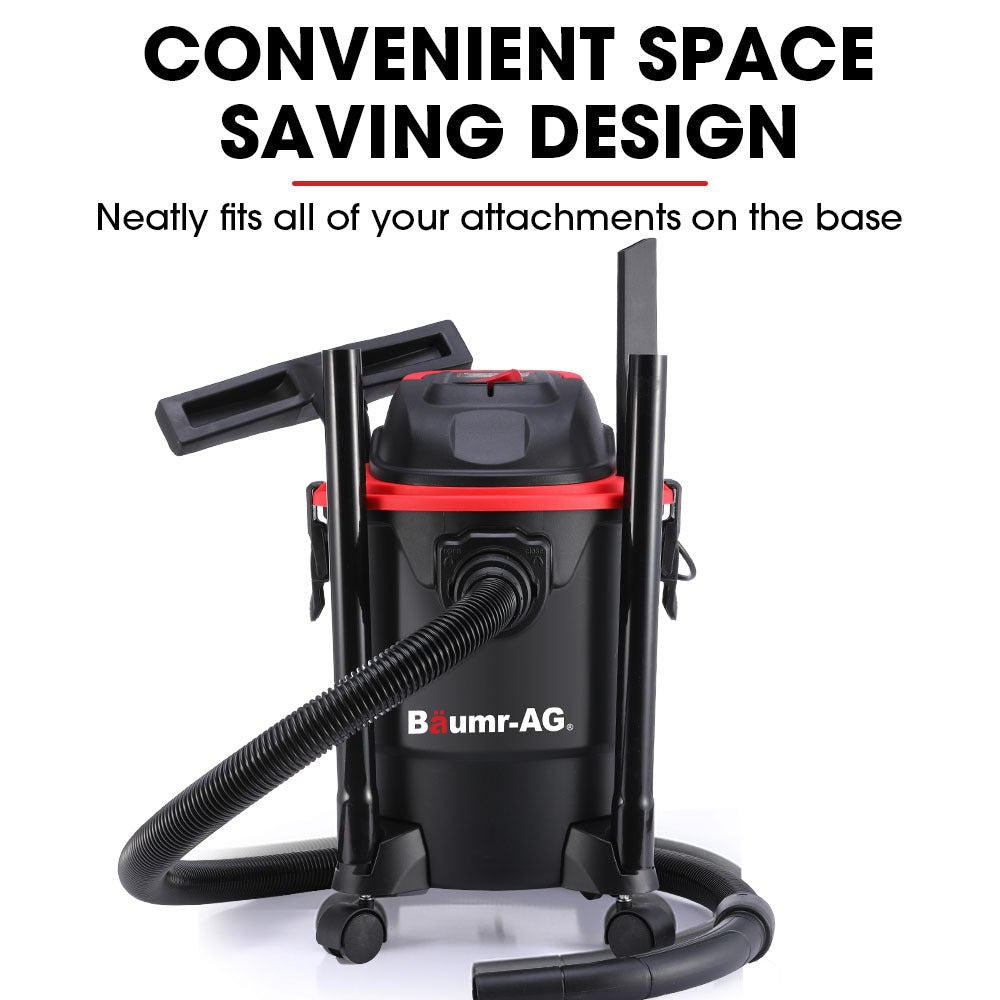 A black and red Baumr-AG 20L 1200W Wet and Dry Vacuum Cleaner, with Blower, for Car, Workshop, Carpet. It features a flexible hose with a wide suction attachment, wheels for easy mobility, and a cylindrical shape with a handle on top. This dual functionality vacuum is perfect for versatile cleaning tasks.