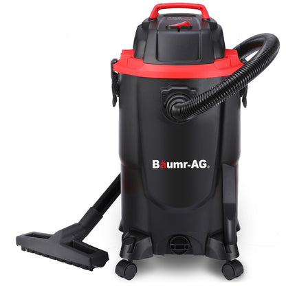 A black and red Baumr-AG 30L 1200W Wet and Dry Vacuum Cleaner, with Blower, for Car, Workshop, Carpet with a cylindrical body, four wheels at the base, and a powerful 1200W motor. It features a large hose extending to the right and a wide brush attachment connected to the bottom of the hose, offering dual functionality for various cleaning tasks.