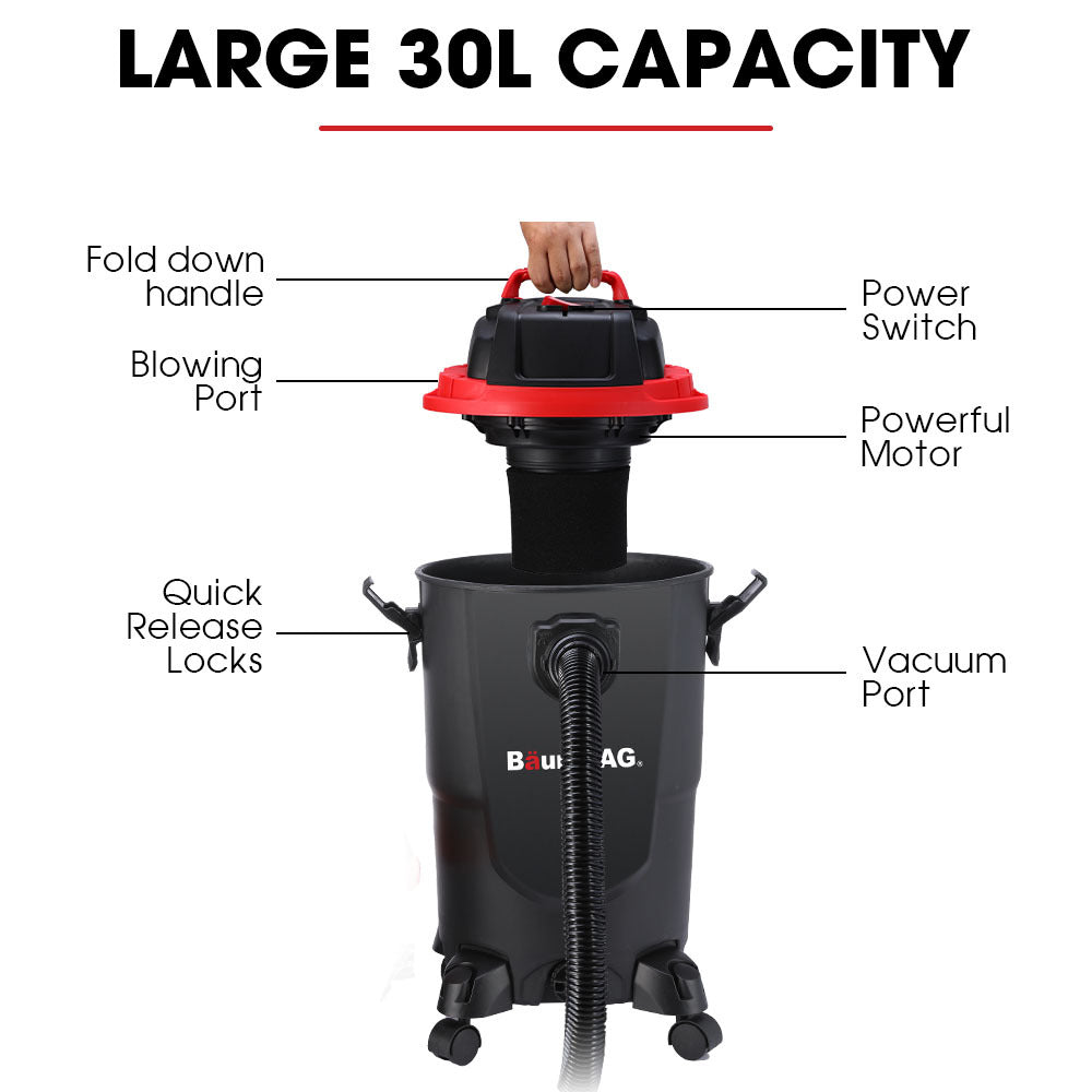 A black and red Baumr-AG 30L 1200W Wet and Dry Vacuum Cleaner, with Blower, for Car, Workshop, Carpet with a cylindrical body, four wheels at the base, and a powerful 1200W motor. It features a large hose extending to the right and a wide brush attachment connected to the bottom of the hose, offering dual functionality for various cleaning tasks.