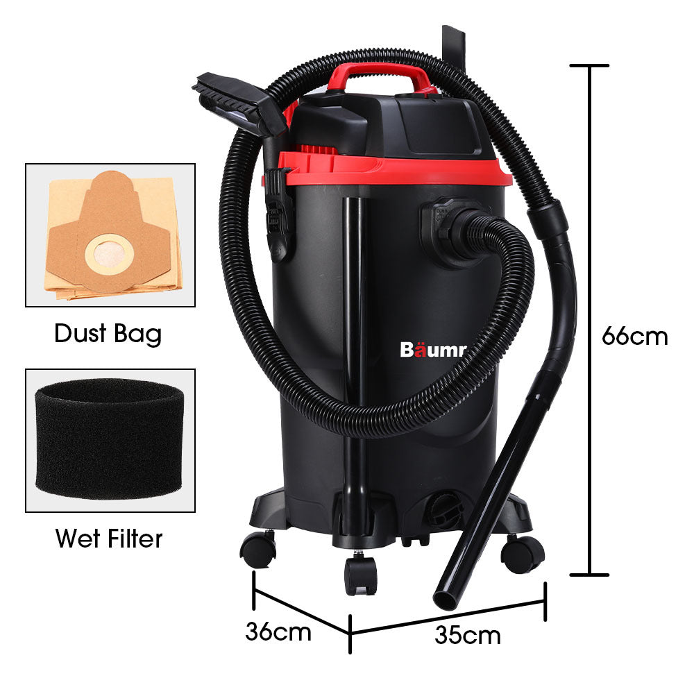 A black and red Baumr-AG 30L 1200W Wet and Dry Vacuum Cleaner, with Blower, for Car, Workshop, Carpet with a cylindrical body, four wheels at the base, and a powerful 1200W motor. It features a large hose extending to the right and a wide brush attachment connected to the bottom of the hose, offering dual functionality for various cleaning tasks.