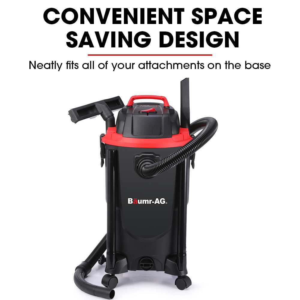 A black and red Baumr-AG 30L 1200W Wet and Dry Vacuum Cleaner, with Blower, for Car, Workshop, Carpet with a cylindrical body, four wheels at the base, and a powerful 1200W motor. It features a large hose extending to the right and a wide brush attachment connected to the bottom of the hose, offering dual functionality for various cleaning tasks.