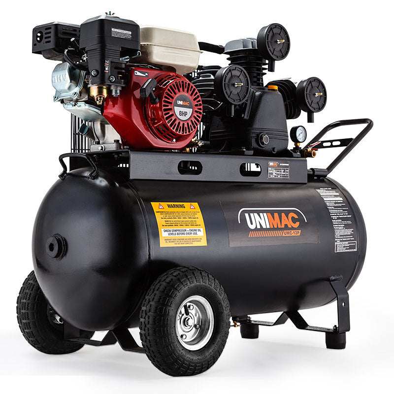 The UNIMAC 8HP Air Compressor 115PSI 120L Petrol Powered Industrial Air Conditioning is an industrial air compressor featuring a black cylindrical tank with multiple gauges, pistons, and hoses. The brand name "UNIMAC" is prominently displayed on the side. With an 8HP petrol engine, it has sturdy wheels and handles for mobility, plus a warning label for safety. It boasts black, red, and silver components.