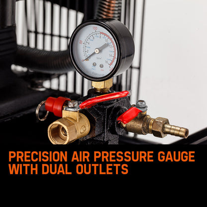 The UNIMAC 8HP Air Compressor 115PSI 120L Petrol Powered Industrial Air Conditioning is an industrial air compressor featuring a black cylindrical tank with multiple gauges, pistons, and hoses. The brand name "UNIMAC" is prominently displayed on the side. With an 8HP petrol engine, it has sturdy wheels and handles for mobility, plus a warning label for safety. It boasts black, red, and silver components.